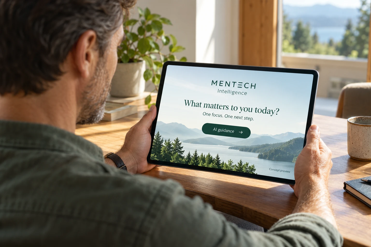 A man exploring an illustrative personalized MENTΞCH Intelligence guidance screen on a tablet