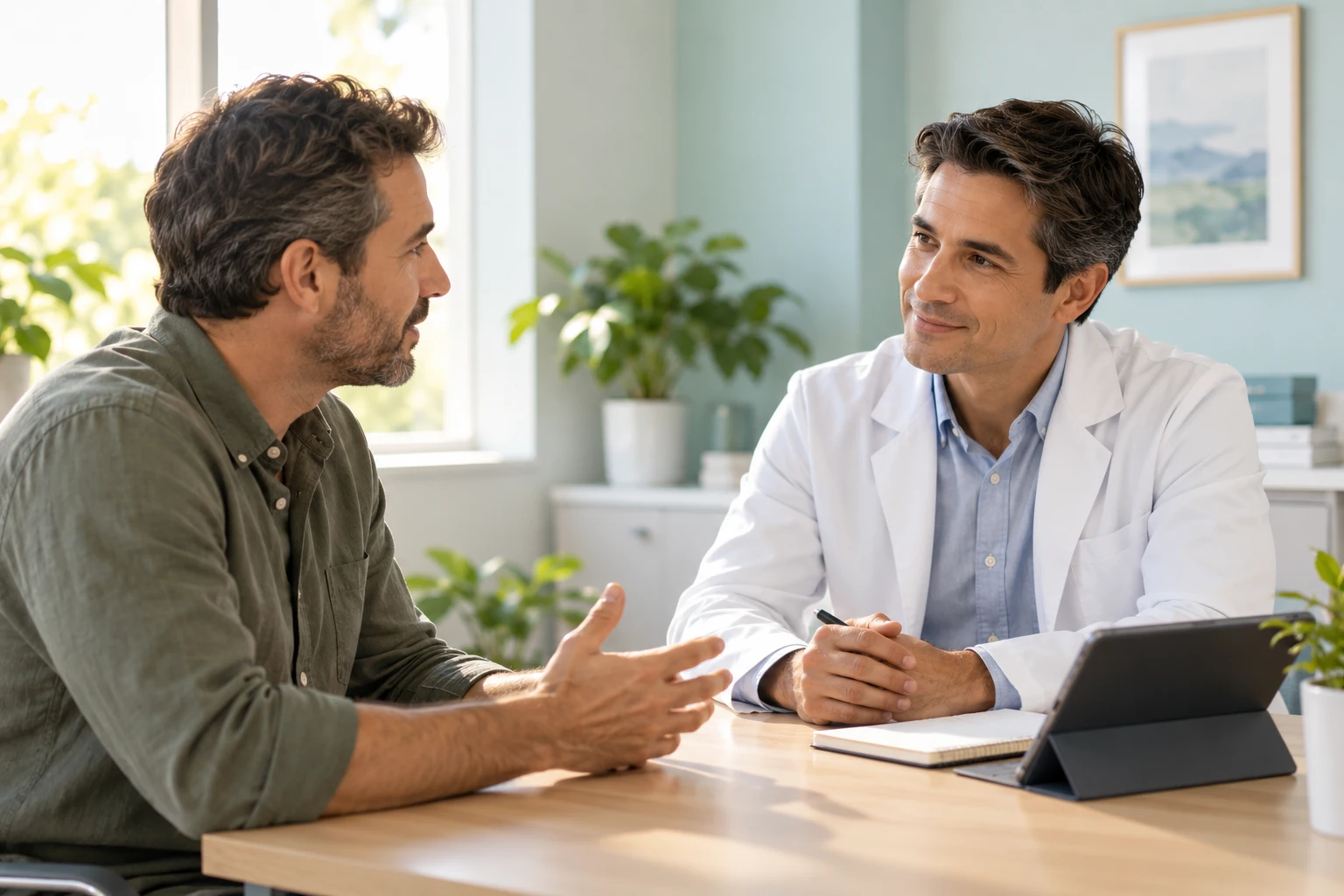 An illustrative consultation showing a male client discussing his health with a clinician