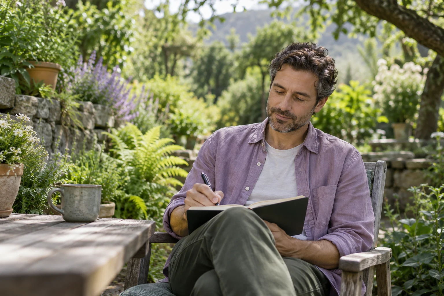 A man reflecting and writing in a journal in a quiet green garden