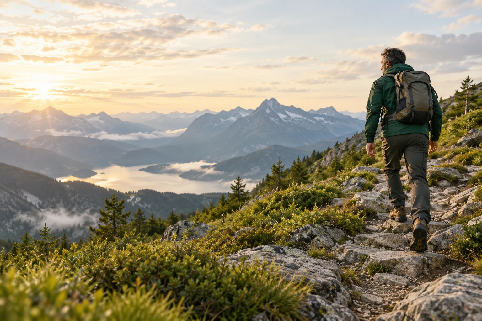 A man climbing toward a sunlit mountain ridge